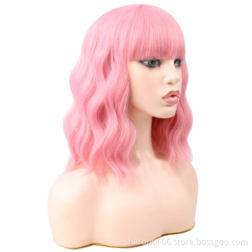 Natural Wave Wig Bob 14inch No Tangle Pink Blue Green Blonde Synthetic Hair Wig